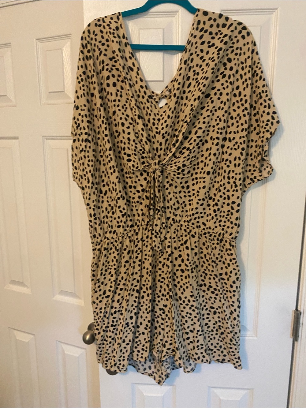 V-Neck Tie-Front Tunic Romper in Beige with Black Spot
